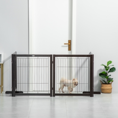 PawHut Wooden Foldable Small & Medium-Sized Dog Gate 4 Panel with Support Feet Pet Fence Freestanding Safety Barrier for House Doorway Stairs Coffee