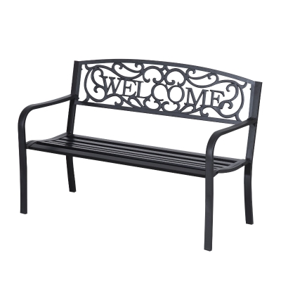 Outsunny 50” Steel 2 Seat Garden Bench Patio Decorative Chair Metal Backyard Seater Outdoor Furniture, Black