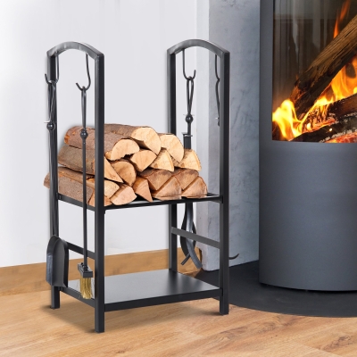 HOMCOM Heavy Duty Firewood Rack with Accessories Indoor Outdoor Log Holder Fire Wood Storage with 4 Tools Black