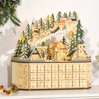 HOMCOM Christmas Advent Calendar, 2021 Light Up Table Xmas Wooden Box Holiday Decoration with Countdown Drawer, Village, for kids Adults, Natural Wood Color