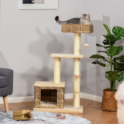PawHut Cat tree Tower Climbing Kitten Activity Center Furniture with Sisal Scratching Post Rattan Condo Perch Hanging Balls 23.5" x 15.75" x 43"
