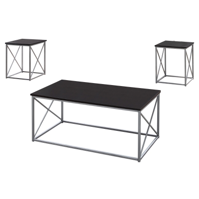 Monarch 3 Piece Modern Minimalist X Braced Laminate Top Coffee Table / Two Matching End Tables Set - Cappuccino, Silver Metal