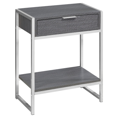 Monarch 24" Contemporary End Table Night Stand with Large Storage Drawer and Open Bottom Shelf - Grey Wood Grain-Look / Chrome Frame