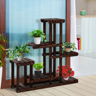 Outsunny Wood Plant Stand 6 Tier Plant Shelf Rack Multiple Flower Pot Holder for Living Room, Patio Corner, Balcony