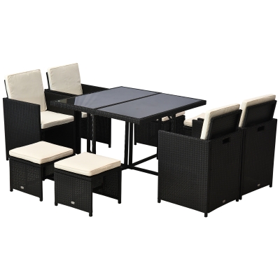 Outsunny 9 Pieces Patio Wicker Dining Sets, Space Saving Outdoor Sectional Conversation Set, with Dining Table and Chair & Cushioned for Lawn Garden Backyard, Black