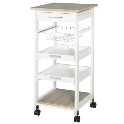 HomCom Mobile Rolling Kitchen Island Trolley Serving Cart with Underneath Drawer & Slide-Out Wire Storage Basket - White