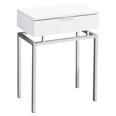 Monarch 24" Contemporary End Table Night Stand with Large Storage Drawer and Metal Base - White / Chrome Base