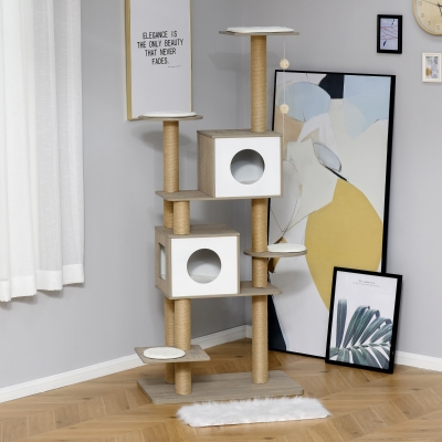 PawHut 69.75" Cat Tree Condo Tower Kittens Activity Stand House with Hanging Toy Ball with Scratching Posts for Small Cats, Light Grey