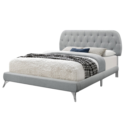 Monarch Queen Size Contemporary Upholstered Bed Frame with Padded Diamond Tufted Headboard and Curved Chrome Legs - Grey Linen Look