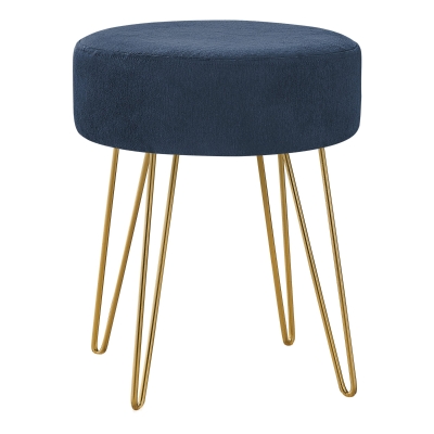 Monarch Upholstered Ottoman Stool with Tall Slim Hairpin Legs - Blue / Gold Metal