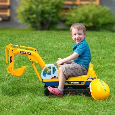 Qaba No Power Construction Ride on Excavator Digger Multi-functional Bulldozer Toy 80° Rotation w/ Electric Controllable Digging Bucket Safety Helmet for Ages 2-3 Years Old Yellow