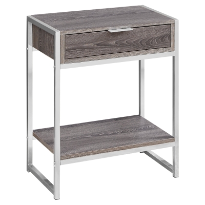 Monarch 24" Contemporary End Table Night Stand with Large Storage Drawer and Open Bottom Shelf - Dark Taupe Wood Grain-Look / Chrome Frame