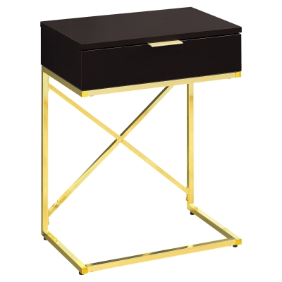 Monarch 24" Contemporary End Table Night Stand with Large Storage Drawer and Metal X-Design Frame - Cappuccino Wood Grain-Look / Gold Metal Base