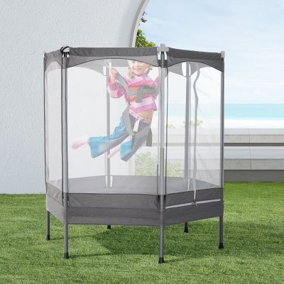 Qaba Kids Trampoline Mini Bouncer Jumper w/ Enclosure Net Elastic Safety Harness