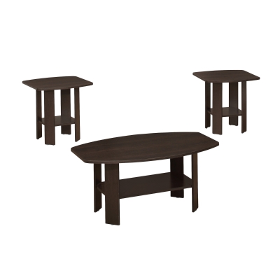 Monarch 3 Piece Contemporary Shelved Wood-Look Coffee Table / Two Matching End Tables Set - Cappuccino