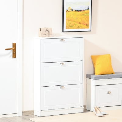 HOMCOM Tipping Bucket Shoe Cabinet Wooden Storage Organizer with 3 Drawers Narrow 3 Tiers Cupboard for Entrance Foyer White