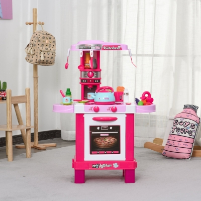 HOMCOM Kids Kitchen Play Set Children Chef Play Game Toy w/ Accessories Set - Pink