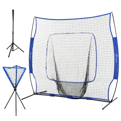 Soozier 7.5' x 7' Portable Baseball Batting Net Set with Catcher Net, 120 Ball Pitching Collector, & Tee Stand - Blue