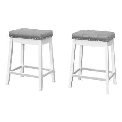 Monarch 2pc Traditional Counter-Height Padded Seat with Tufted Grey Leather-Look Upholstery and Nailhead Trim - White