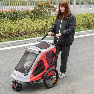 Aosom Dog Bike Trailer 2-In-1 Pet Stroller Cart Bicycle Wagon Cargo Carrier Attachment for Travel with 360 Swivel Wheel Reflectors Parking Brake Straps Cup Holder Red