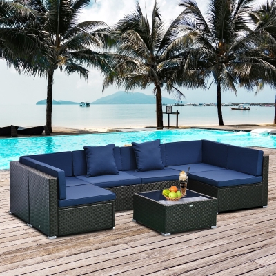 Outsunny 7pc Garden Wicker Sectional Set w/ Tea Table Patio Rattan Lounge Sofa with Cushion Outdoor Deck Furniture All Weather Deep Blue