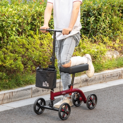 HOMCOM Knee Walker, Foldable Steerable Medical Knee Scooter, Crutch Alternative with Drum Braking System, Storage Bag for Foot Injuries, Red
