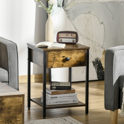 HOMCOM Industrial Side Table with Storage Shelf & Drawer, Accent Table, Versatile Night Stand, for Living Room, Bedroom, Rustic Brown