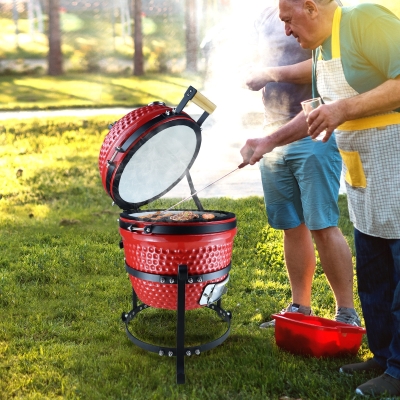 Outsunny Charcoal Grill Cast Iron BBQ Picnic Cooking Smoker Standing Heat Control Red