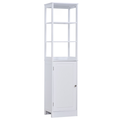 kleankin Tall Bathroom Storage Cabinet, Freestanding Linen Tower with 3-Tier Open Shelf and Cupboard, Slim Floor Organizer, White