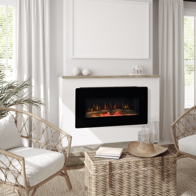HOMCOM Electric Wall-Mounted Fireplace Heater with Adjustable Flame Effect, Remote Control, Timer, 1400W, Black