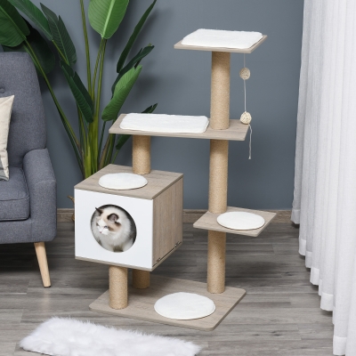 PawHut Cat tree Tower Climbing Activity Center Kitten Furniture with Jute Scratching Post Condo Ramp Perch Cushions Velcro Dangling Balls 23.5" x 19" x 48" Light Grey