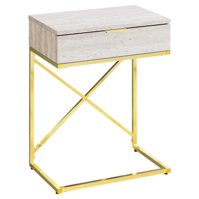 Monarch 24" Contemporary End Table Night Stand with Large Storage Drawer and Metal X-Design Frame - Beige Marble-Look / Gold Metal Base