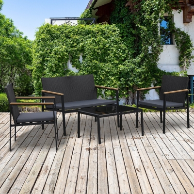 Outsunny 4pc Cushioned Outdoor Rattan Wicker Patio Furniture Chair Loveseat Table