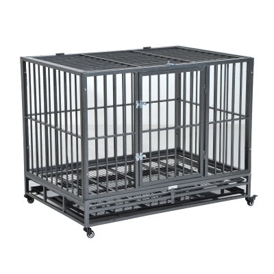 PawHut 42" Stainless Steel Elevated Large Dog Kennel Rolling Pet Crate With Dual Pans and Wheels