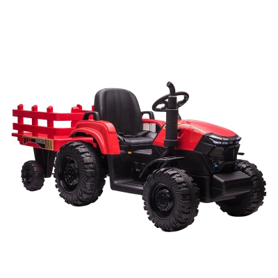 Aosom 12V Kids Ride On Toy Car Tractor w/ Trailer, LED Headlights, Red