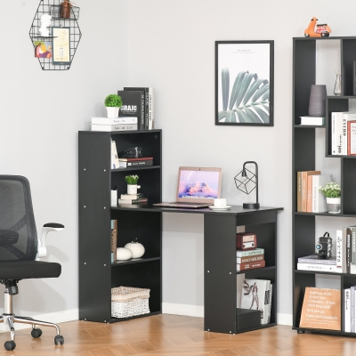 HOMCOM Modern Compact Computer Desk with 6-Tier Storage Shelves Combo, Writing Table Workstation with Bookshelf for Home Office, Black