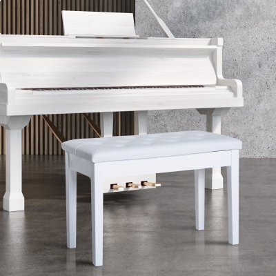 HOMCOM Faux Leather Padded Double / Duet Piano Bench w/ Music Storage - White