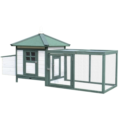 PawHut 77" Wooden Chicken Coop Hen House Poultry Cage with Weatherproof Roof, Nesting Box, Enclosed Run and Removable Tray for Outdoor Backyard, Green