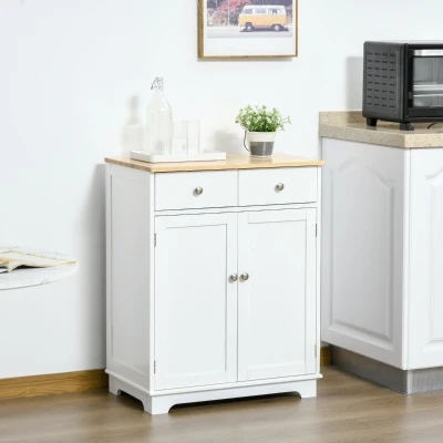 HOMCOM Kitchen Storage Cabinet, Solid Wood Top, 2 Drawers, White