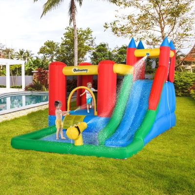 Outsunny Kids Bounce Castle House Inflatable Trampoline Slide Water Pool Gun Climbing Wall Basket 6 in 1 with Inflator for Kids Age 3-12 Summer 11.5' x 8.8' x 7' Multi-color