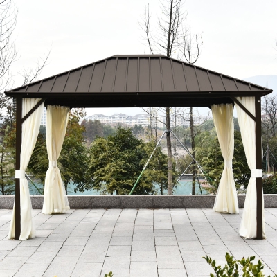 Outsunny 12'x9.8' Outsunny Hardroof Gazebo aluminum frame with galvanized steel hardtop zipper netting and curtains Beige/Bronze