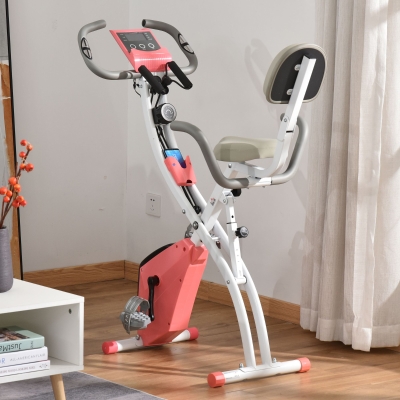 Soozier 2 in 1 Upright Exercise Bike Stationary Foldable Magnetic Recumbent Cycling with Arm Resistance Bands Pink