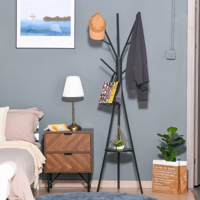 HOMCOM 71" Metal Free Standing Coat Rack 9 Hooks with Shelf Black