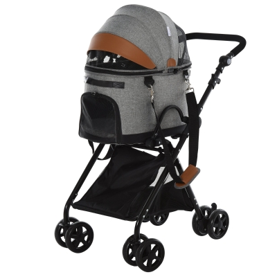 PawHut Luxury Folding Pet Stroller Dog/Cat Travel Carriage 2 In 1 Design with Pet Carrier Bag & Adjustable Canopy - Grey