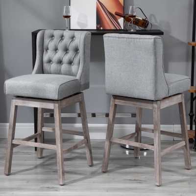 HOMCOM Set of 2 Barstools, 180 Degree Swivel Kitchen Island Stool Dining Room Chairs with Solid Wood Footrests and Button Tufted Design, Grey