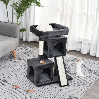 PawHut Plush Cat Tree Tower w/ Sisal Scratching Post Board Perch Condo Dark Grey