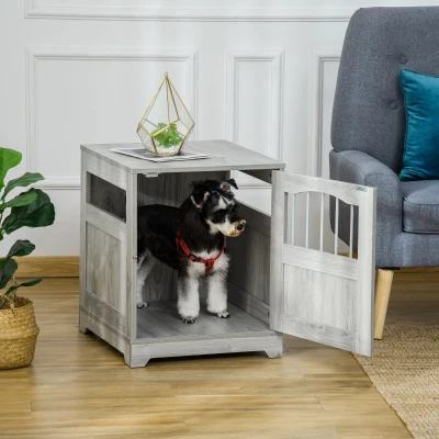 PawHut Wooden Dog Crate End Table, Lockable Indoor Kennel, Gray