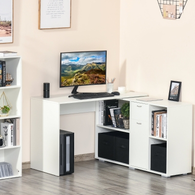HOMCOM Convertable L-shape Computer Desk Home Office Table with Storage Shelf Drawer Cabinet White