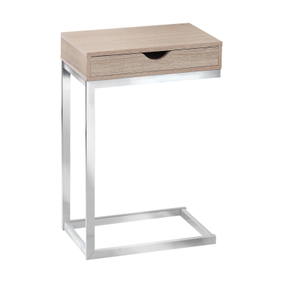 Monarch 25" Contemporary Chrome Metal Base C-Shaped Side Accent Table with Storage Drawer - Natural Wood Grain-Look Finish