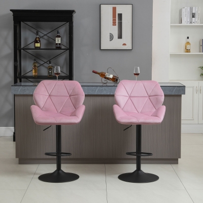 HOMCOM Velvet-Touch Bar Stool Set of 2 Fabric Adjustable Height Armless Counter Chairs with Swivel Seat, Pink
